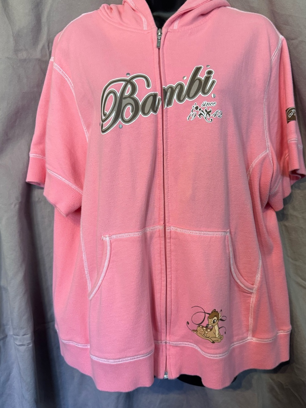 Vintage Original Disney Bambi themed Pink short sleeve Hooded Zip-Up Sweatshirt